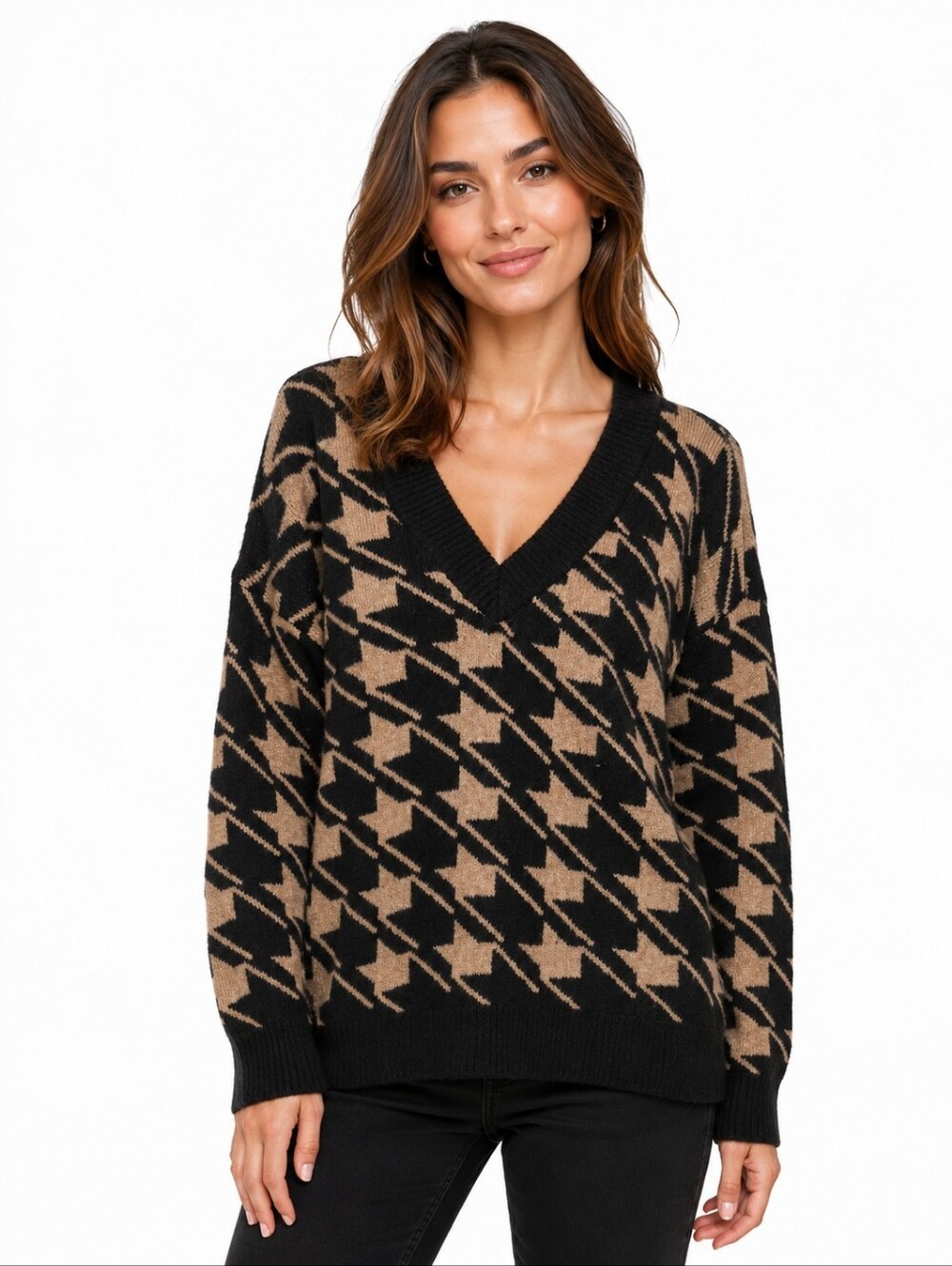 POL Black Camel Graphic Knit Oversized V-Neck Sweater NWOT